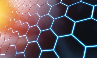 Glowing black blue and orange hexagons background pattern on silver metal surface 3D rendering