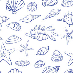 Collection of sea marine ink doodles on white backdrop. Seamless pattern. Endless texture. Can be used for printed materials. Vacation holiday background. Hand drawn design elements. Festive print.