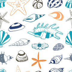 Collection of sea marine ink doodles on white backdrop. Seamless pattern. Endless texture. Can be used for printed materials. Vacation holiday background. Hand drawn design elements. Festive print.