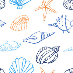 Collection of sea marine ink doodles on white backdrop. Seamless pattern. Endless texture. Can be used for printed materials. Vacation holiday background. Hand drawn design elements. Festive print.