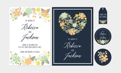 White Navy Floral, Flower Wedding Invitation,Thank You card, Tags, Coaster Printable Templates with Floral, Flower Collection