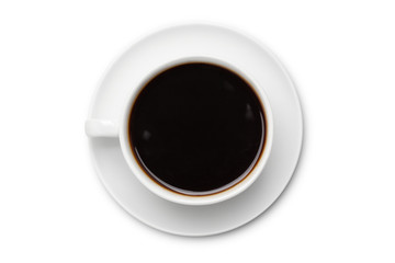 coffee black in white ceramic cup, top view  isolated on white background.