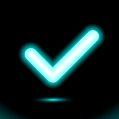 Neon lamp checkmark icon, tick symbol. Modern ornamental ui element. Design for presentation or dark ad fluorescent banner, black background. Vector luminescent illumination ad, illustration © Nanotrillion