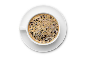 coffee black in white ceramic cup, top view  isolated on white background.