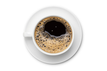 coffee black in white ceramic cup, top view  isolated on white background.