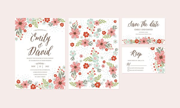 Hand Drawn Spring Flower Wedding Invitation,Thank You card, Pattern, RSVP, Save the Date.  Printable Templates with Floral, Flower Collection. Vector - Illustration