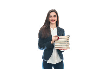 Fototapeta premium Beautiful young woman with books isolated on white