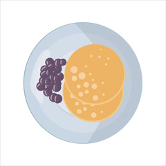 Isolated vector food images. Breakfast on a white plate. Two round pancakes and a handful of blueberries. For icons in the menu of cafes and restaurants, for web design, websites. Vector