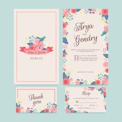 Hand Drawn Spring Flower Wedding Invitation,Thank You card, Pattern, RSVP, Save the Date.  Printable Templates with Floral, Flower Collection. Vector - Illustration