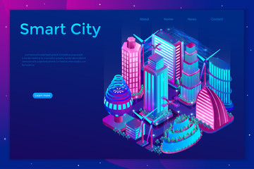 Futuristic night city is illuminated by neon lights in isometric style. The concept of smart city with skyscrapers, windmills, drones. Landing page template. Vector illustration.