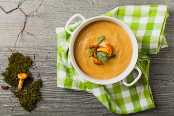 Delicious soup, cream with mushroom chanterelles.