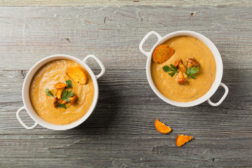Delicious soup, cream with mushroom chanterelles.