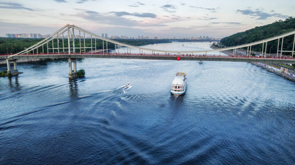pedestrian and bicycle bridge. touristic place. Kiev, Ukraine. drone shot, bird's-eye, aerial view