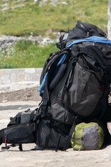 Close up of touristic backpack, sport adventure equipment