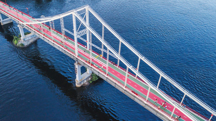pedestrian and bicycle bridge. touristic place. Kiev, Ukraine. drone shot, bird's-eye, aerial view