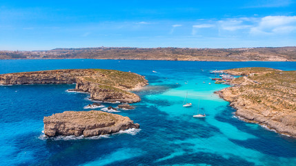 Panorama beach Blue Lagoon Comino Malta. Aerial view