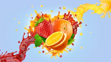 Poster Orange strawberry fresh fruit juices mix blend liquid swirls 3D splashes. Healthy fruits berries juice splashing together - orange, strawberry juices in two wave swirls form. Liquid drink label design © Corona Borealis