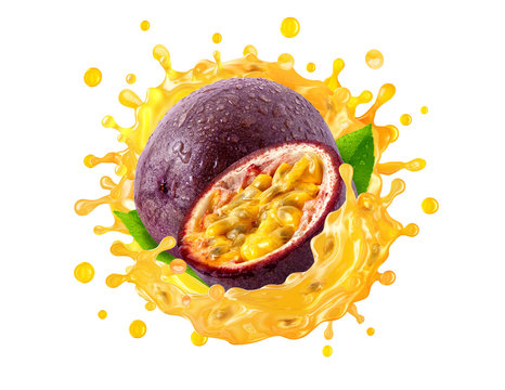 Fresh ripe passion fruit and passion fruit juice 3D splash wave. Healthy food or tropical fruit drink liquid ad label design elements. Tasty maracuja smoothie splash isolated, healthy diet concept
