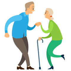 Old man and woman dancing, side view of smiling elderly couple holding hands and moving, retirement dancers characters in casual clothes, activity vector