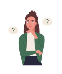 Curious young woman solving problem. Pensive or thinking girl surrounded by thought balloons with interrogation points. Female character asking questions. Flat cartoon colorful vector illustration.