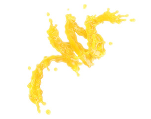 Sweet fresh orange fruit juice smoothie 3D splash. Fruits juice splashing - orange, tangerine, lemon, citrus, pineapple, peach, mango, banana juice in spiral form isolated. Healthy juice drink design