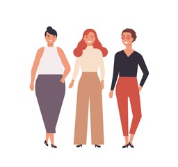 Group of cute young women dressed in stylish clothes isolated on white background. Happy female friends. Portrait of pretty girls standing together. Flat cartoon colorful vector illustration.