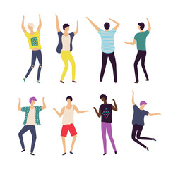 Moving men set, full length, portrait and back view of males in casual clothes, dancing people, bachelor party or celebration element, dancer boy vector