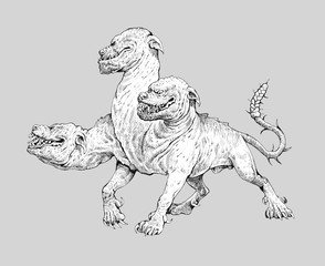 Multi headed dog Cerberus drawing. Hound of Hades. Greek mythology illustration. - obrazy, fototapety, plakaty