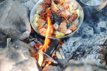 Preparing cooking breakfast in camping at forest.