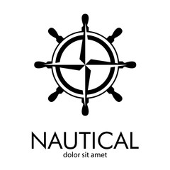 Logotipo abstracto con texto NAUTICAL con brújula en timón en color negro