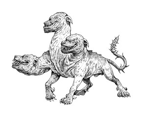Multi headed dog Cerberus drawing. Hound of Hades. Greek mythology illustration.