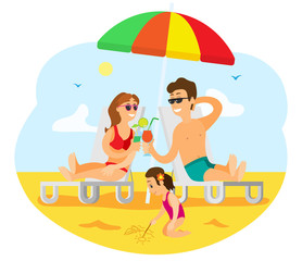 People relaxing on beach vector, parents enjoying alcoholic beverage poured in glasses. Child building sand castle. Married couple with kid by seaside