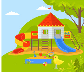 Playground for children at park vector, wooden castle with flag and tubes to ride down. sandbox with shovel and bucket to play and build constructions