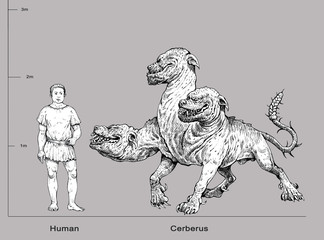 Monster illustration. Multi headed dog Cerberus and human anatomy comparison. Fantasy drawing.