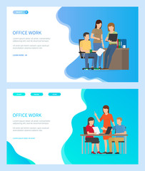 Successful team vector, man and woman brainstorm in office busy with working task and completion, Laptops and documents printed info on paper. Website or web page template, landing page flat style