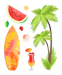 Surfing board summertime isolated icons vector set. Watermelon and strawberry with leaf, palm tree tropical beverage. Cocktail decorated with umbrella