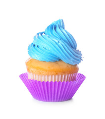 Sweet tasty cupcake on white background