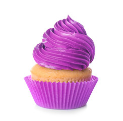 Sweet tasty cupcake on white background
