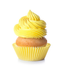 Sweet tasty cupcake on white background