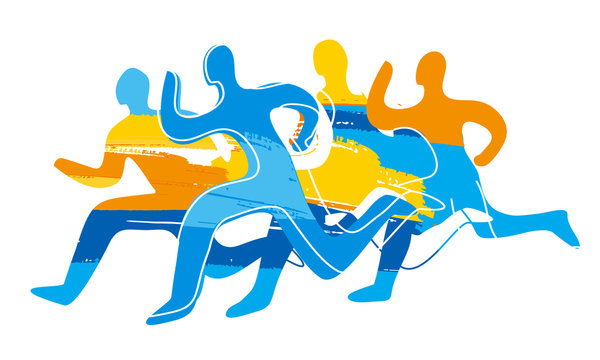  Running race,four runners colorful silhouettes.  Colorful expressive stylized illustration of running racers. Vector available.