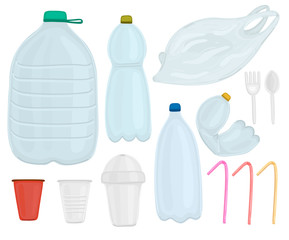 Vector set of plastic objects. Stop pollution. Environmental protection. Save planet. Waste-free production. Garbage. Bottle, plastic cup and bag, disposable tableware. Banner, brochure, sticker