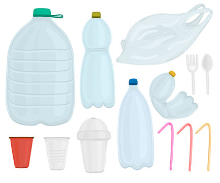 Vector set of plastic objects. Stop pollution. Environmental protection. Save planet. Waste-free production. Garbage. Bottle, plastic cup and bag, disposable tableware. Banner, brochure, sticker