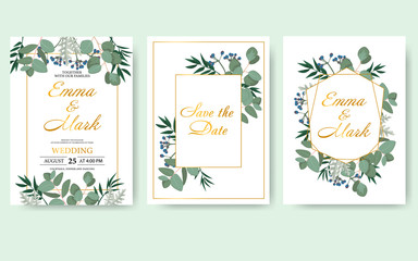 Wedding floral invitation card save the date design with green leaf herbs eucalyptus frame. Botanical elegant decorative vector template
