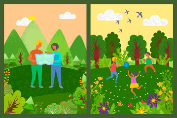 Children playing in forest vector, people looking at map trying to find way home, man and woman holding atlas with info, mountains and trees swallows