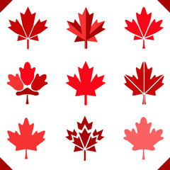 Maple leaf icon in red for canada flag set of leaves