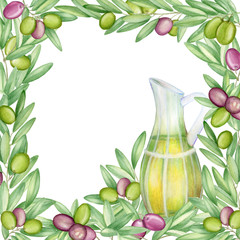 Olive frame. with olive branches and fruits for Italian cuisine design or extra virgin oil food or cosmetic product packaging wrapper. Hand drawn. Watercolor.