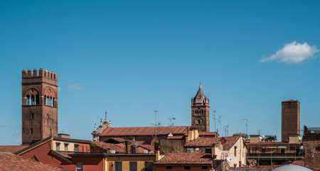Roofs and towers in downtown Bologna in a beautiful sunny morning. Bologna, Emilia Romagna, Italy.