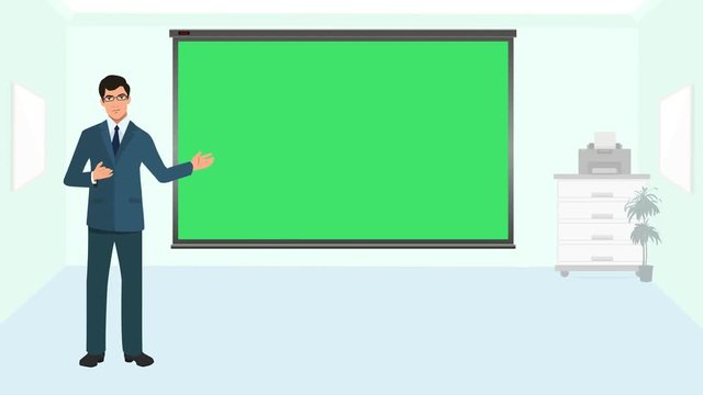 Business Man or Trainer or Team Leader Infographic Animation Cartoon presenting project or business strategy showing ideas on a Green Screen