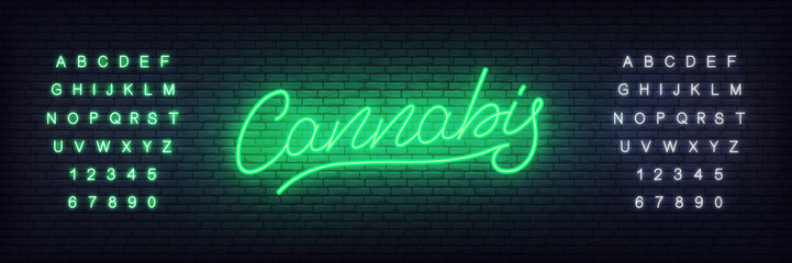 Cannabis neon sign. Glowing lettering cannabis for hemp, marijuana shop or businnes.