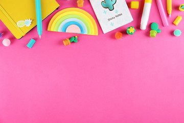Back to school concept. Set of different school supplies, notebook, pen, accessories on paper textured background. Various scolorful stationery items. Close up, copy space, top view, flat lay.